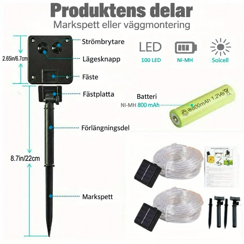 Solcellsdriven ljusslang för utomhus