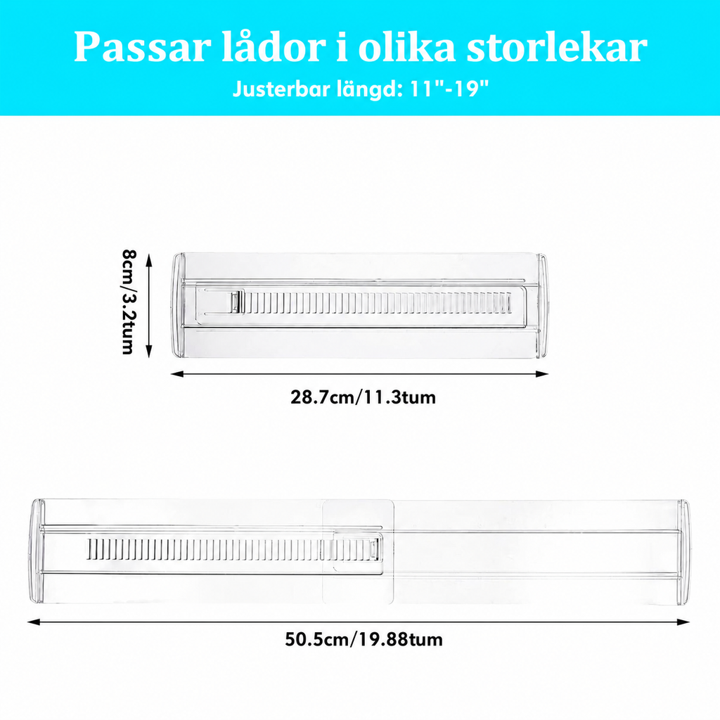 Justerbara lådinsatser – genomskinliga