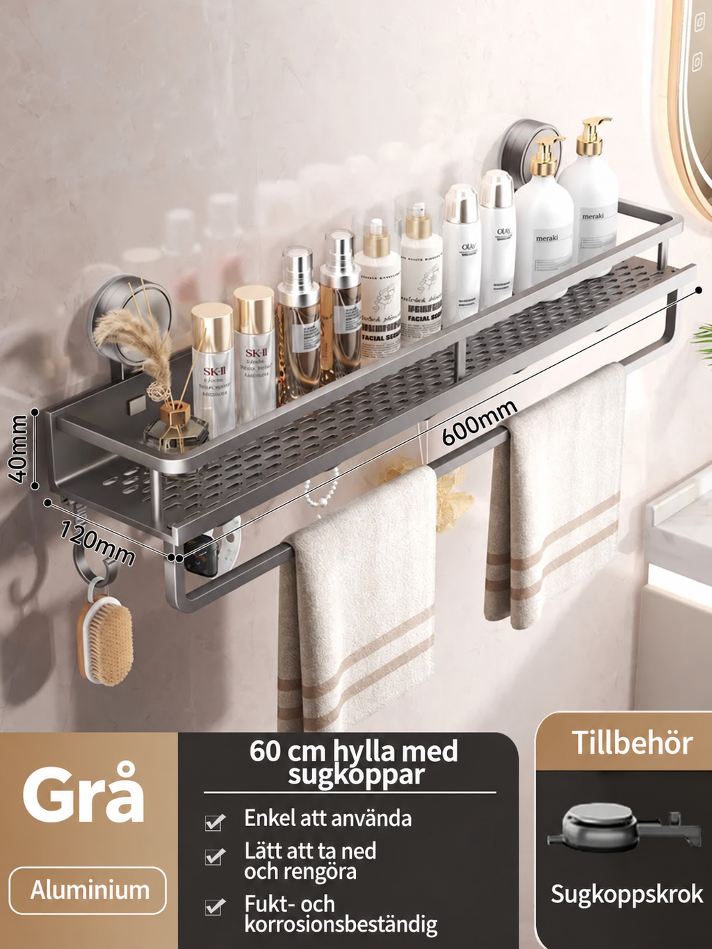 Badrumshylla i aluminium med sugkopp