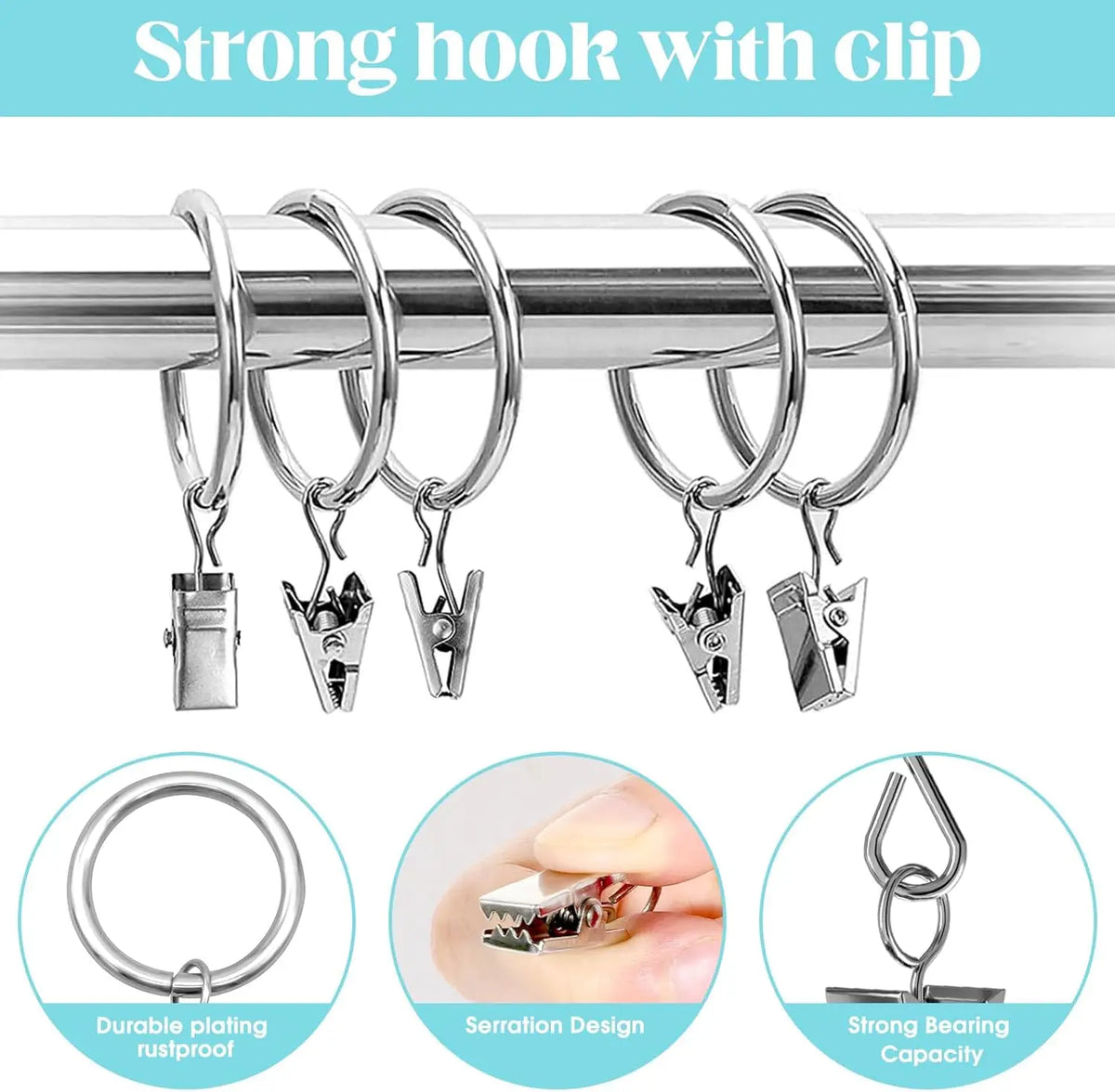 Gardinringar med clips i metall – 25 eller 32 mm