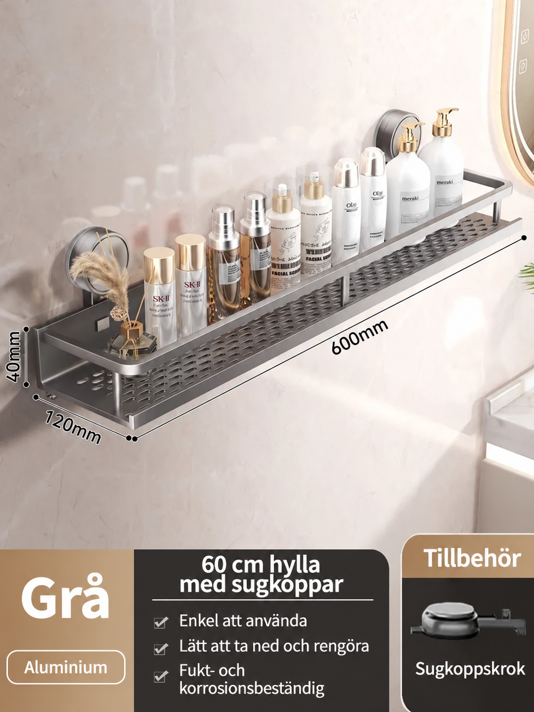 Badrumshylla i aluminium med sugkopp