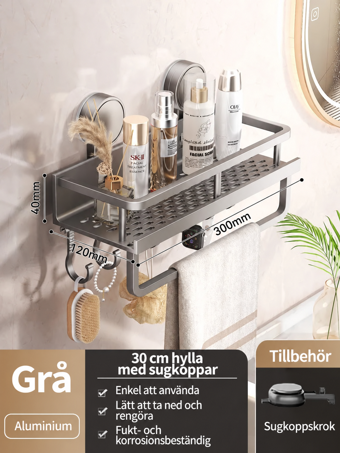 Badrumshylla i aluminium med sugkopp